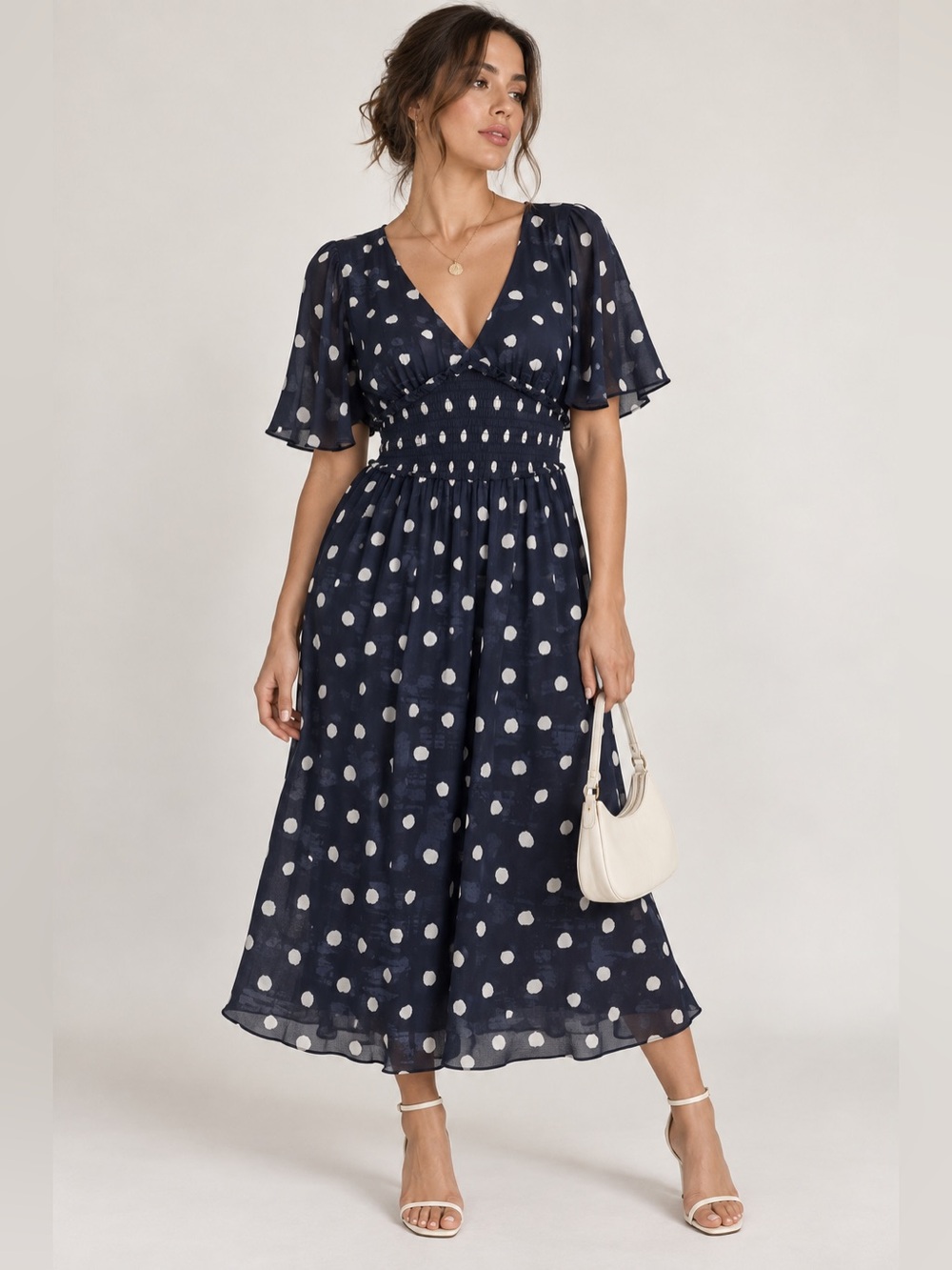 Diane von Furstenberg Nala Polka Dot Smocked Midi Dress Size S